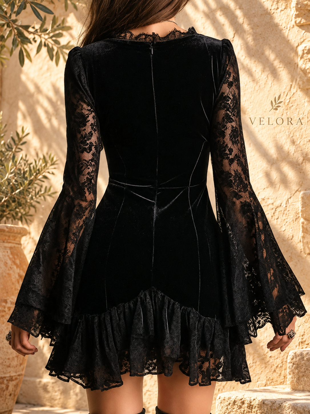 VELORA Velvet Lace-Trim Mini Dress — view 3