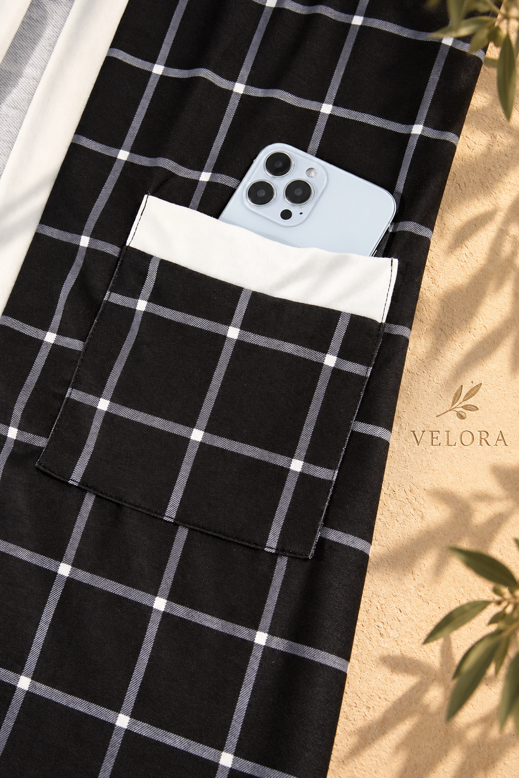 VELORA plaid cover up look 5 on Mediterranean plaster