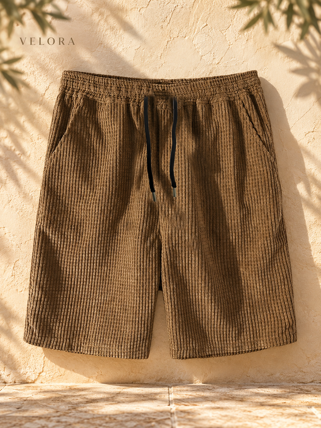 VELORA men's set shorts on sunlit Mediterranean stone backdrop