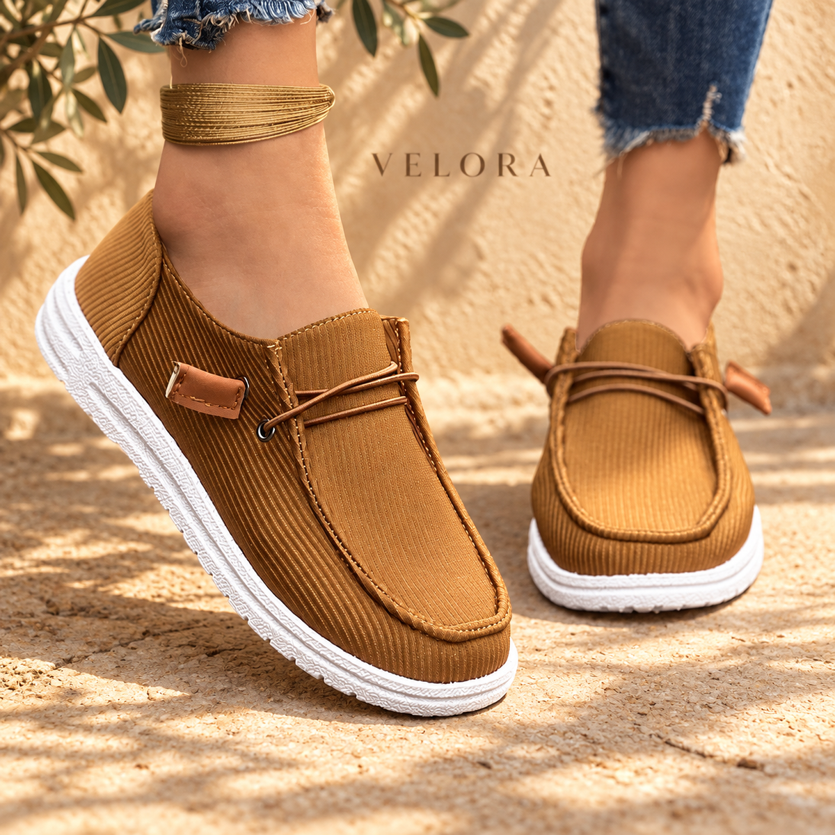 VELORA slip-ons look 6 on Mediterranean plaster