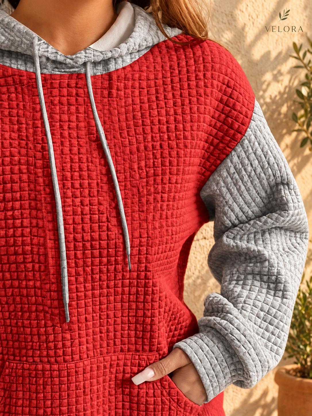 VELORA textured hoodie look 24 on warm Mediterranean plaster
