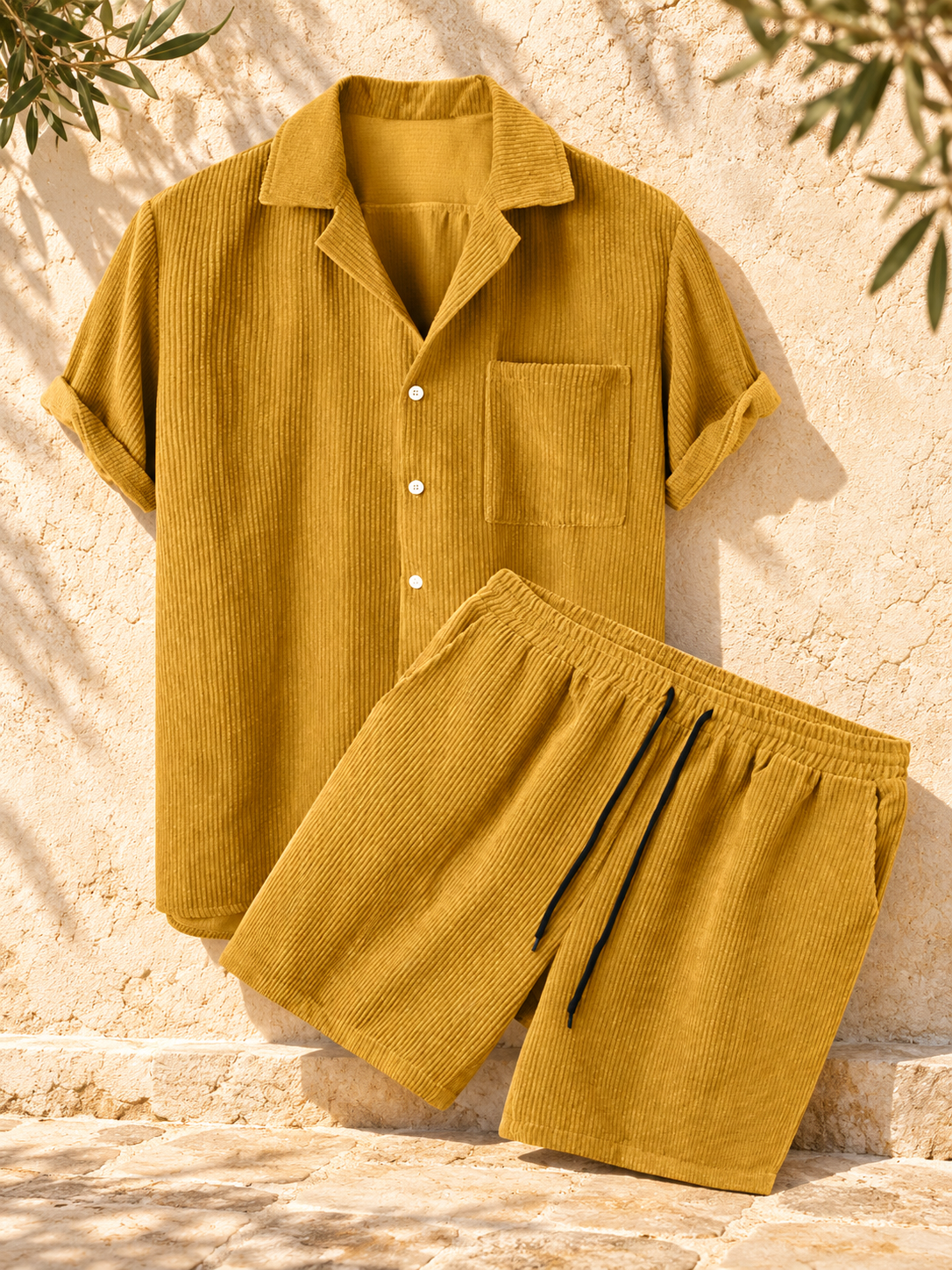 Men's Textured Shirt & Shorts Set — Yellow — VELORA Mediterranean