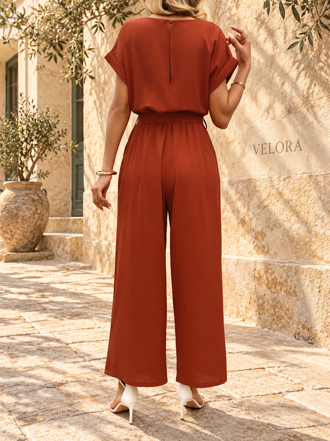 Belted Wide Leg Jumpsuit - VELORA Mediterranean view 02