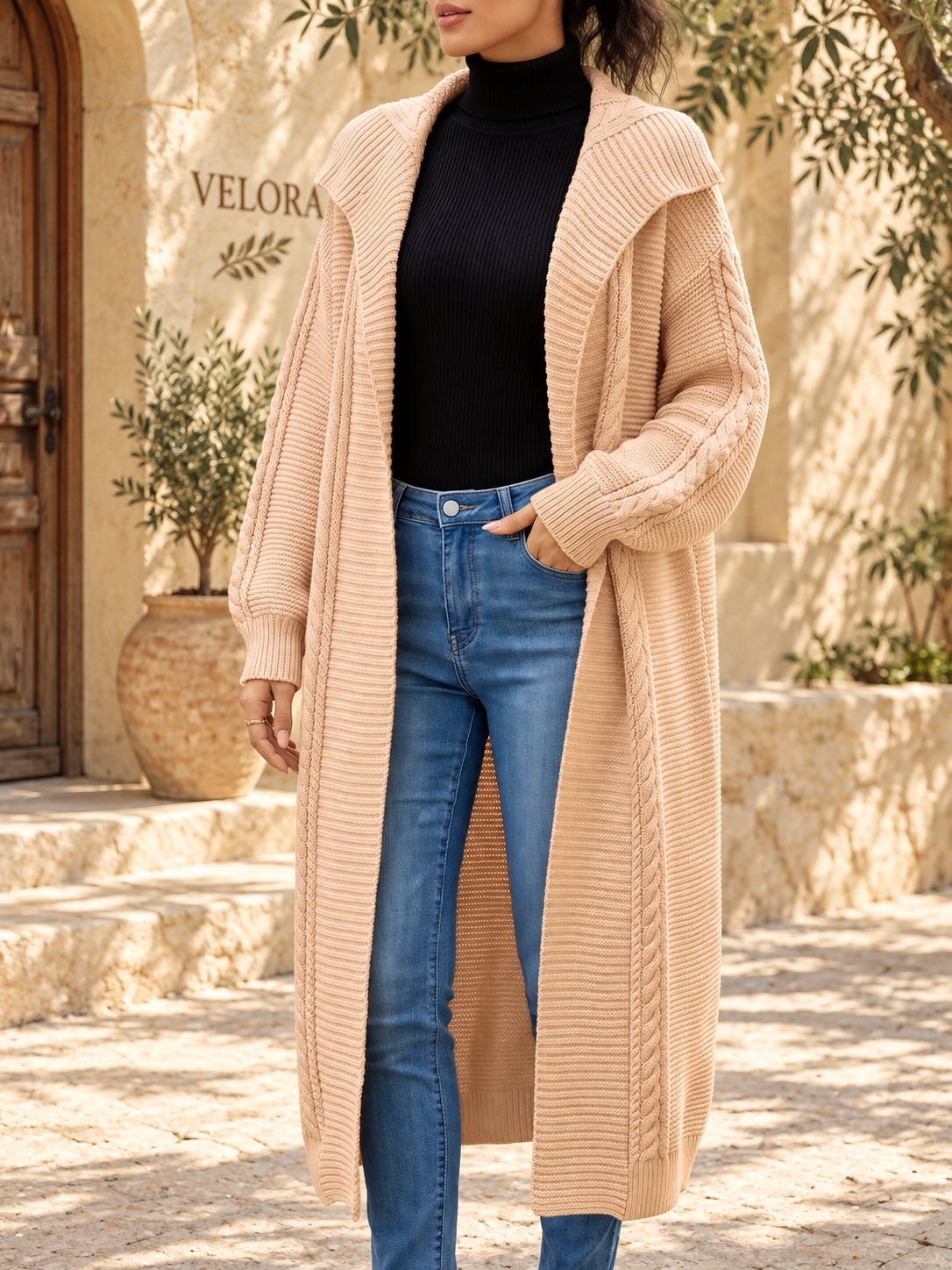 VELORA Cable-Knit Longline Cardigan — Mediterranean view 4