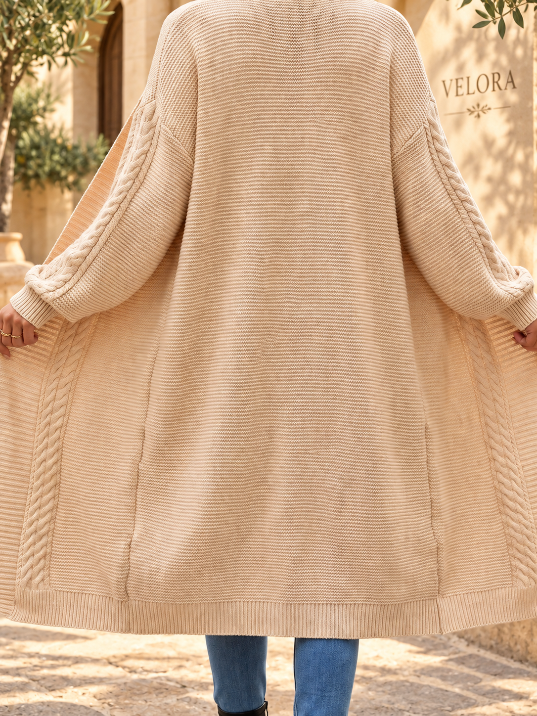 VELORA Cable-Knit Longline Cardigan — Mediterranean view 5