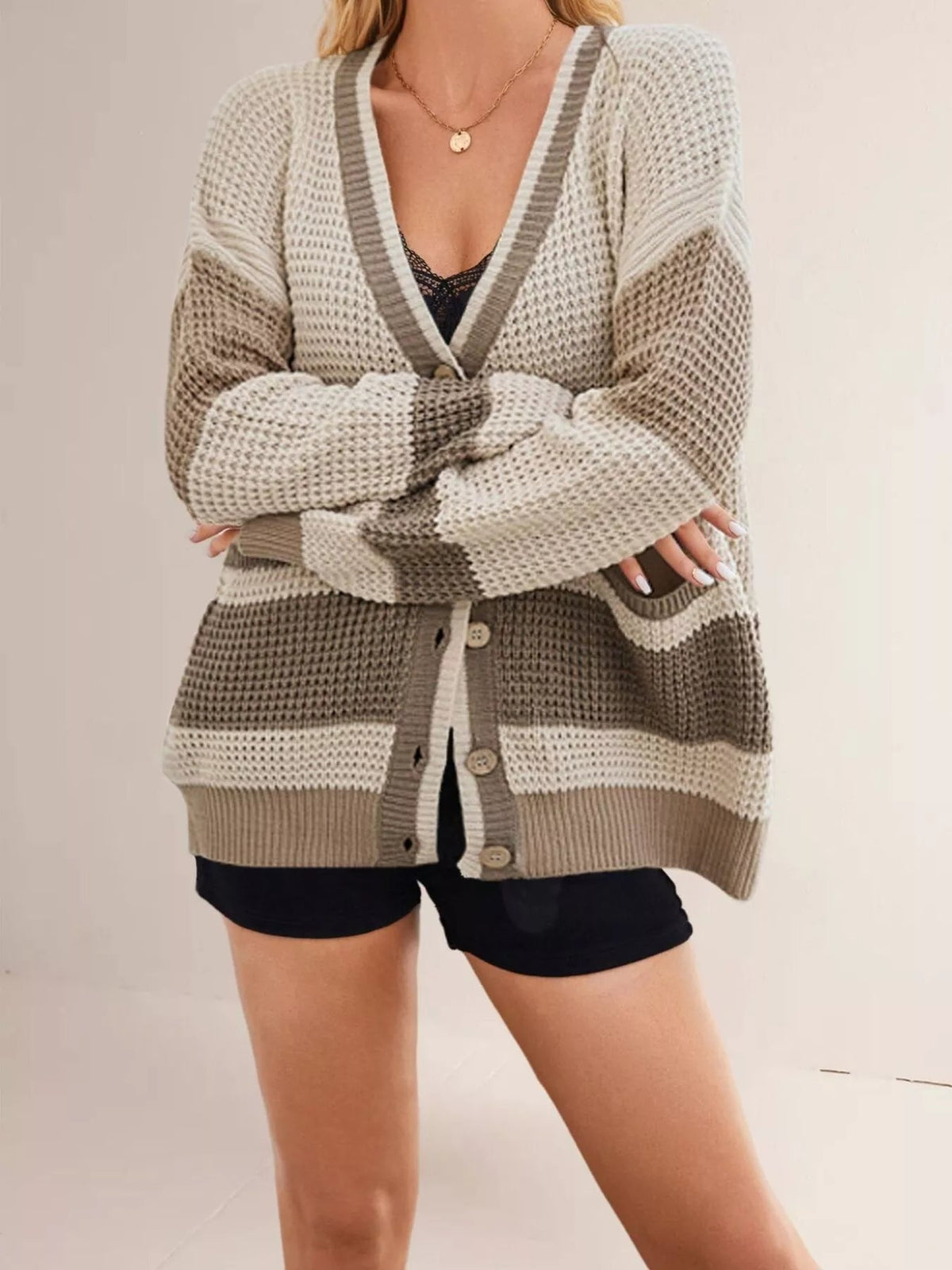 VELORA Color-Block V-Neck Cardigan — view 1