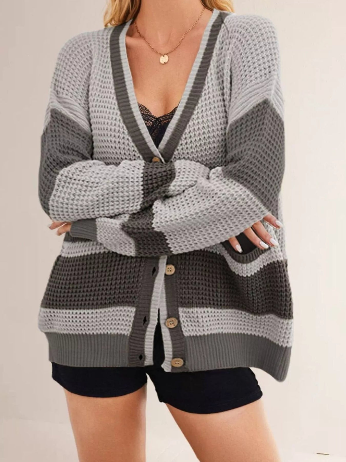 VELORA Color-Block V-Neck Cardigan — view 6