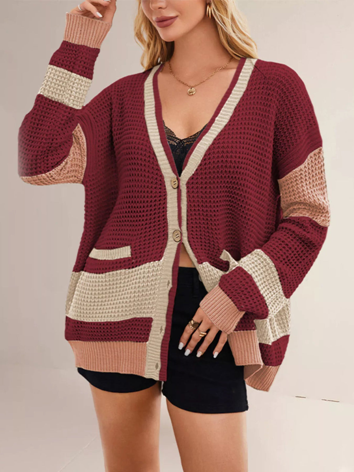 VELORA Color-Block V-Neck Cardigan — view 8