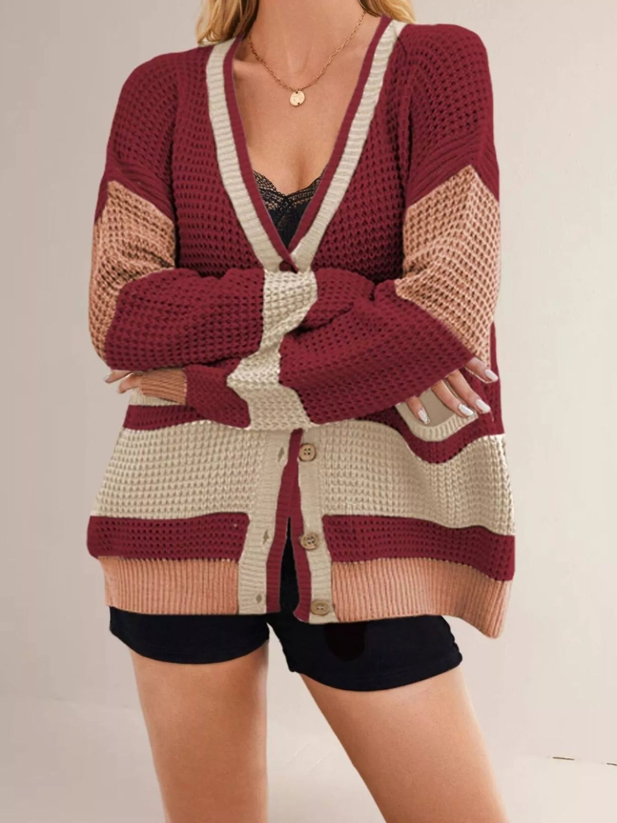 VELORA Color-Block V-Neck Cardigan — view 9