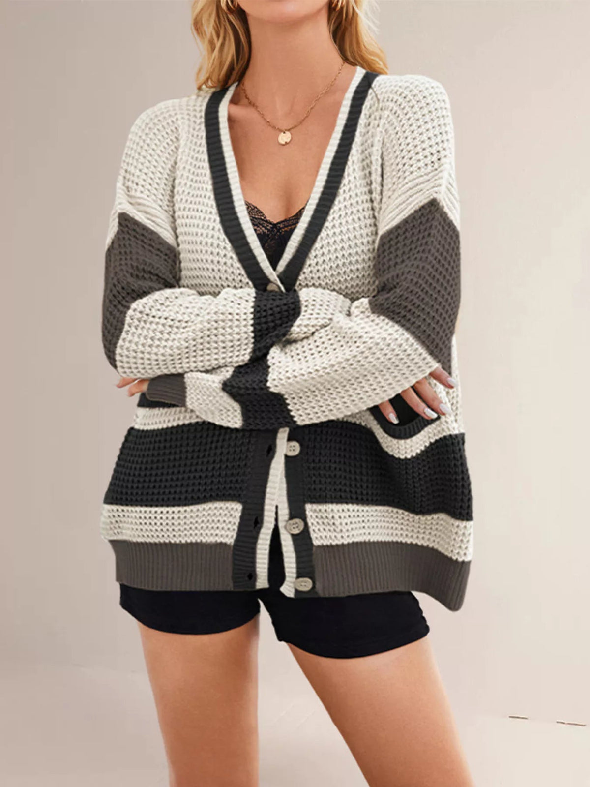 VELORA Color-Block V-Neck Cardigan — view 10