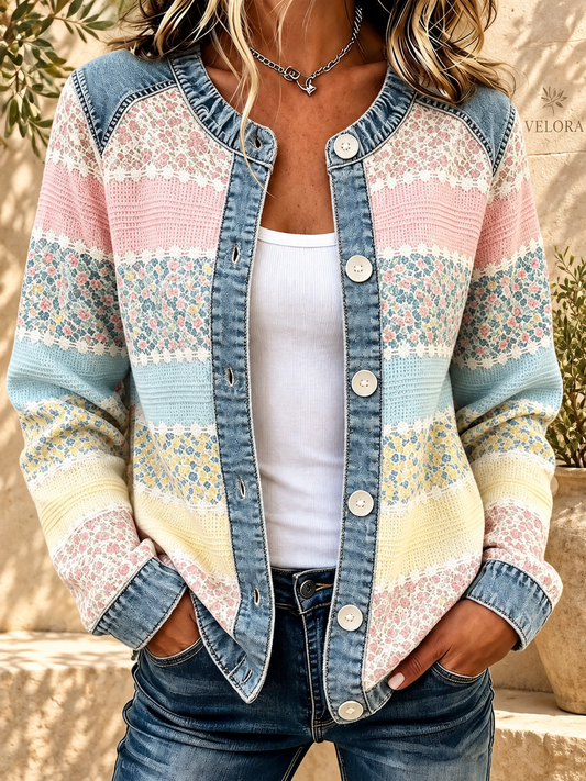 VELORA Floral Patchwork Denim-Trim Jacket — Mediterranean view 1