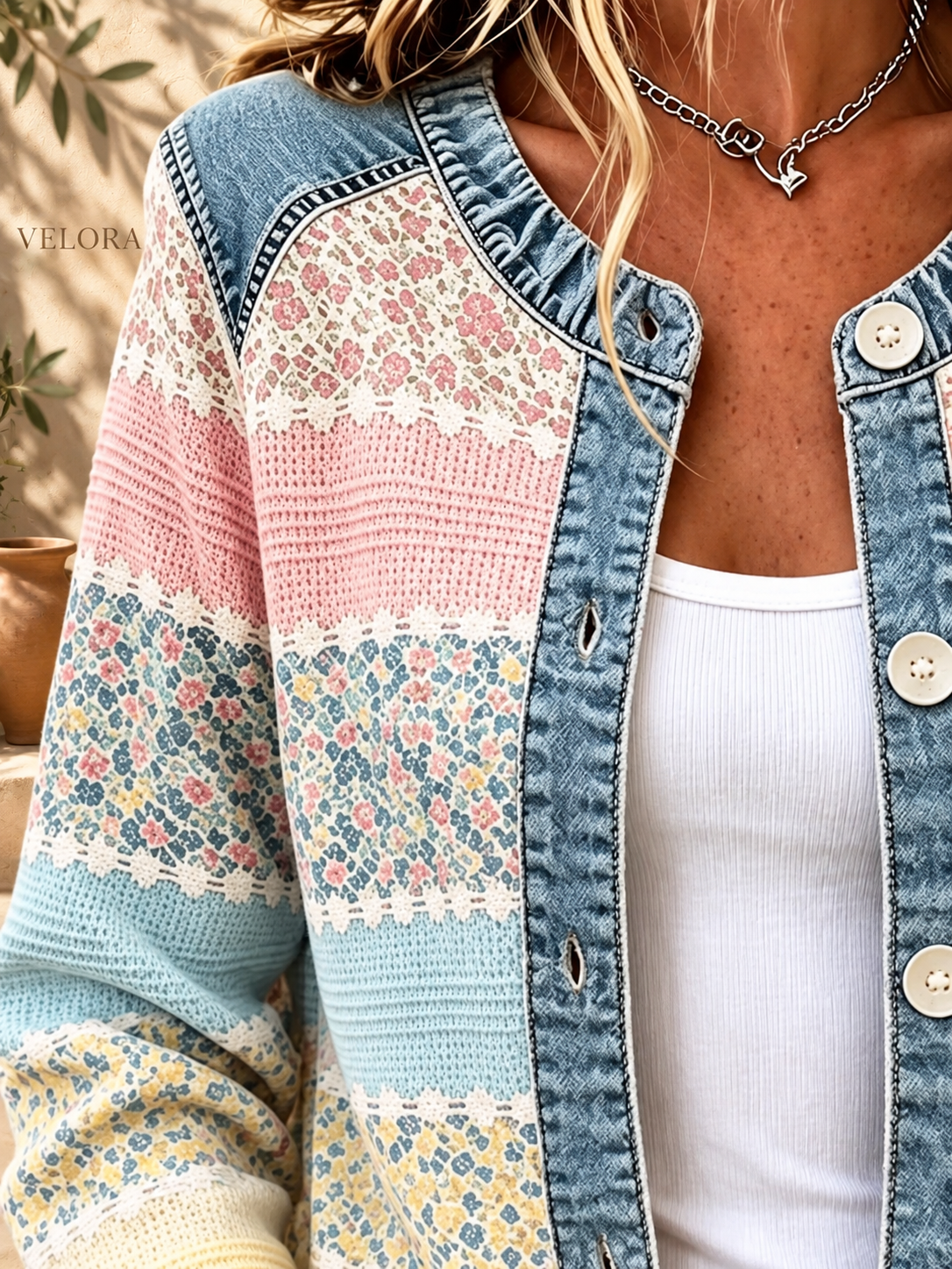 VELORA Floral Patchwork Denim-Trim Jacket — Mediterranean view 2
