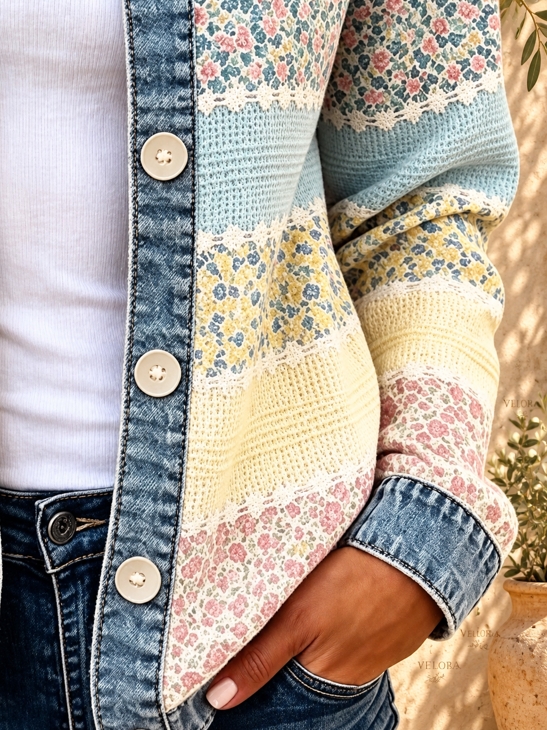 VELORA Floral Patchwork Denim-Trim Jacket — Mediterranean view 3