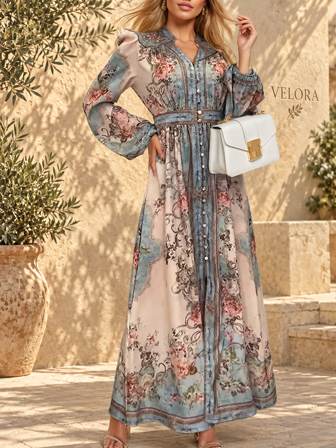 VELORA Floral Puff Sleeve Maxi Dress — Mediterranean view 1