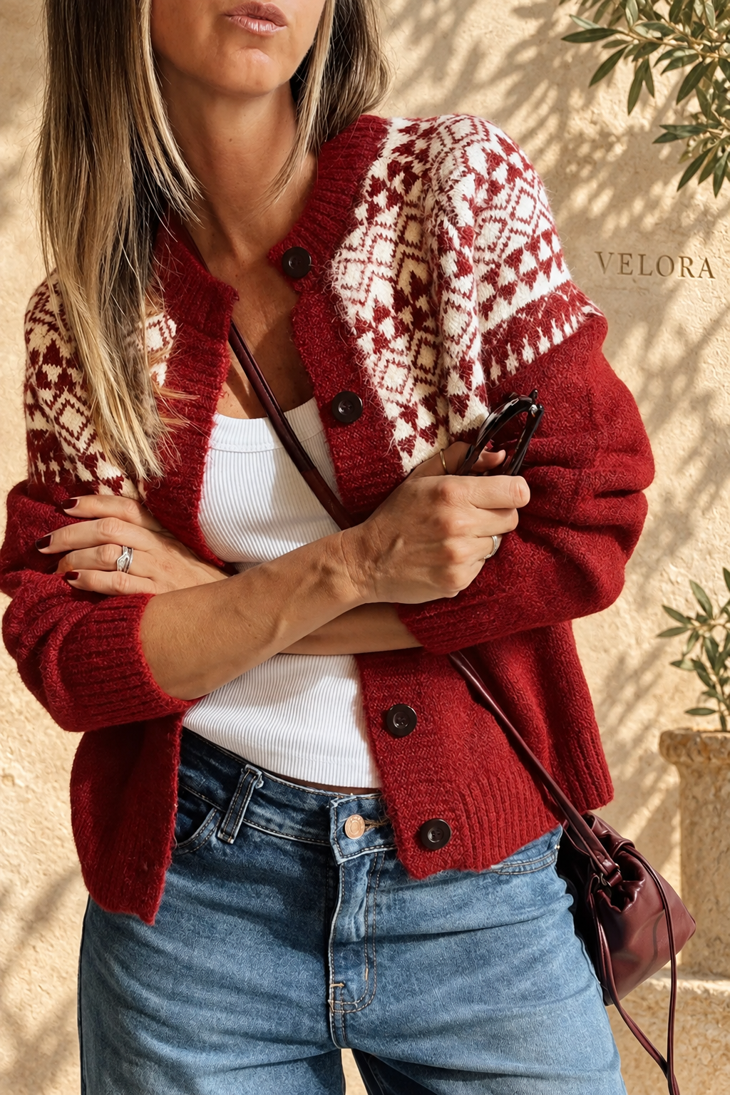 VELORA Geometric Button-Front Cardigan — Mediterranean view 3