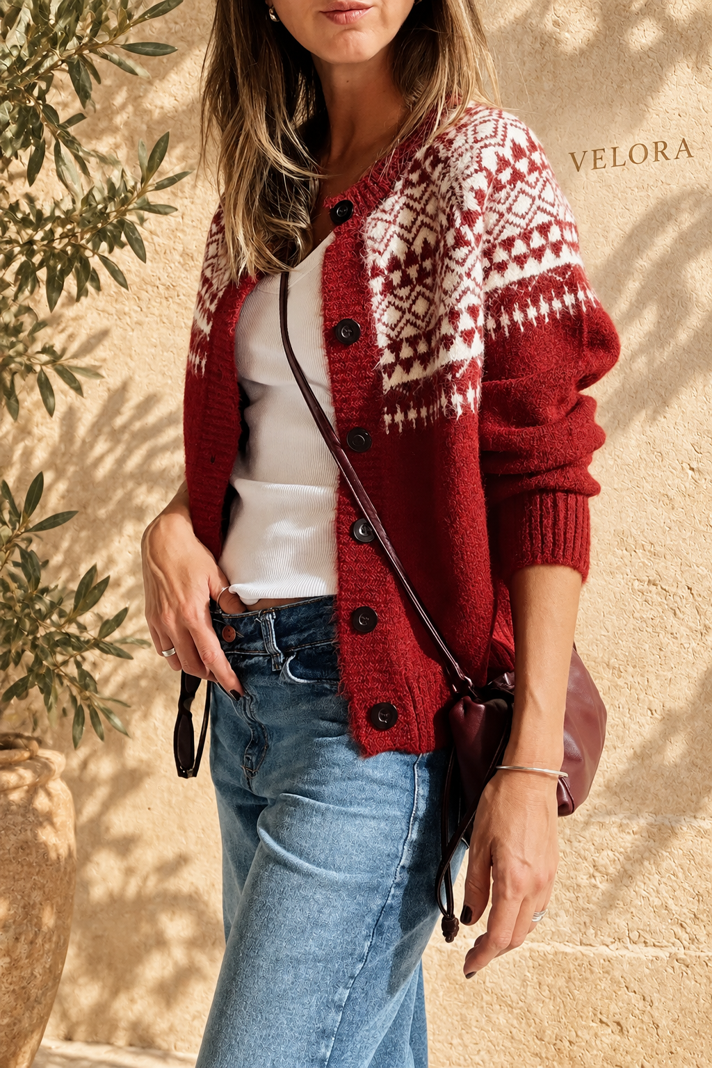 VELORA Geometric Button-Front Cardigan — Mediterranean view 7