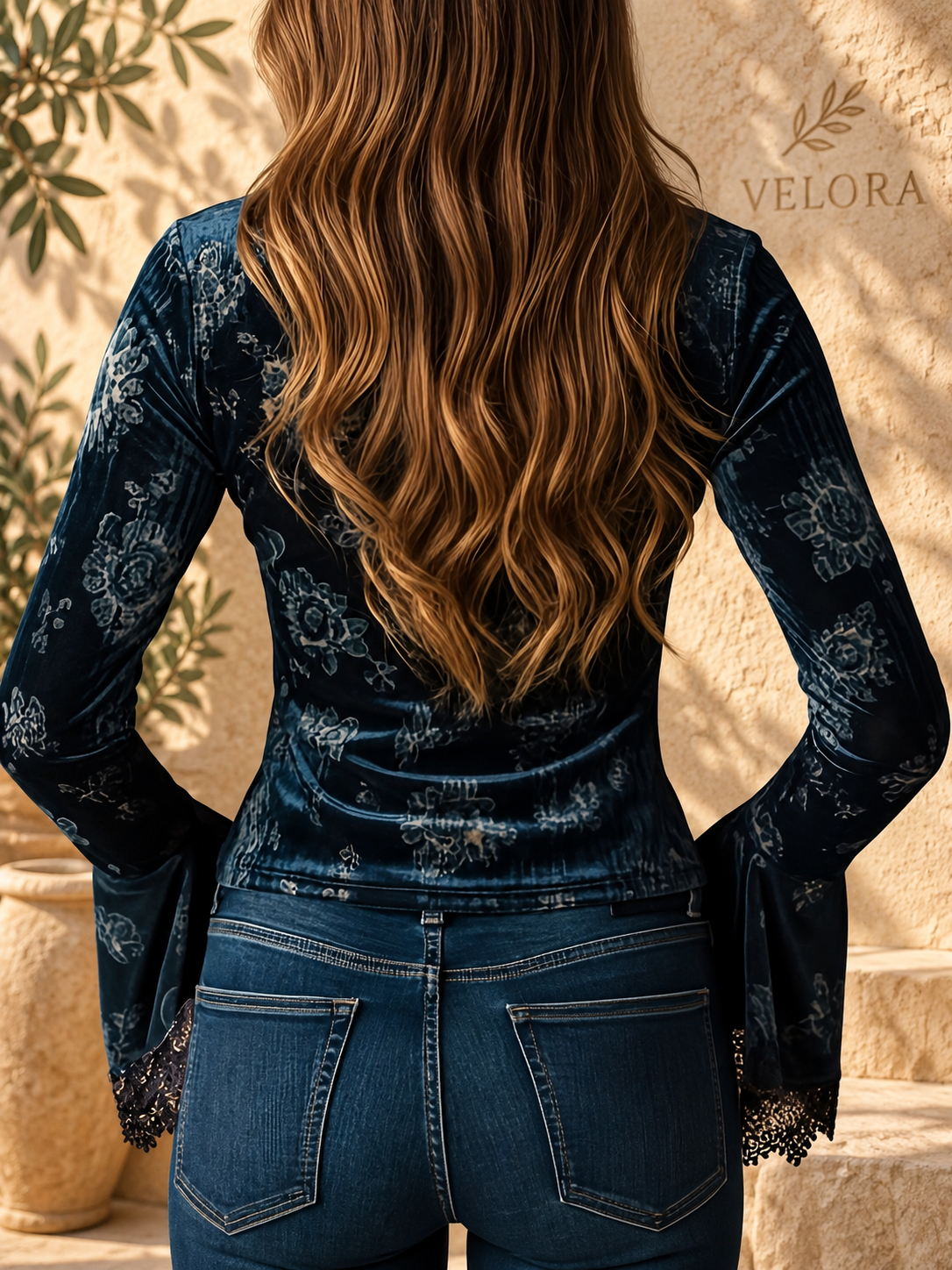 VELORA Lace-Trim Flare Sleeve Blouse — view 4