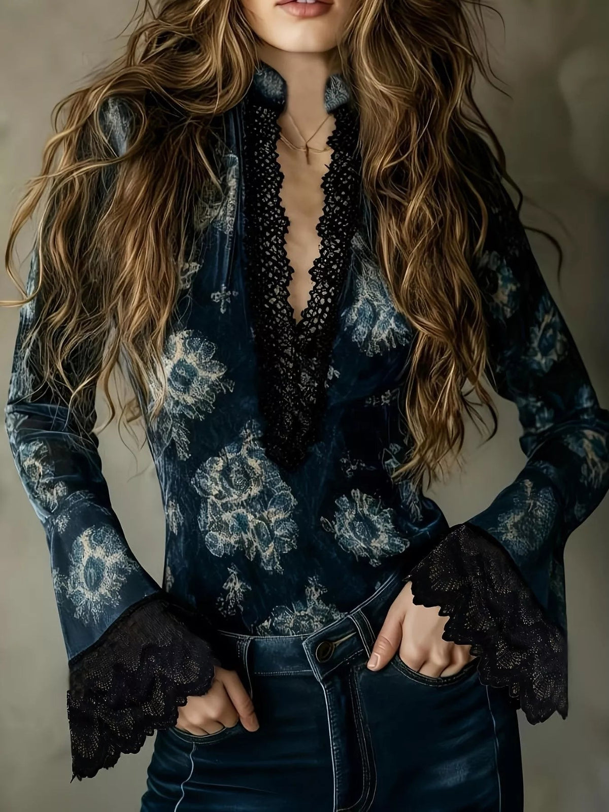 VELORA Lace-Trim Flare Sleeve Blouse — view 1