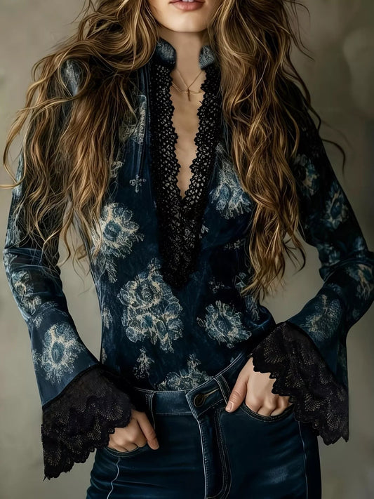 VELORA Lace-Trim Flare Sleeve Blouse — view 1