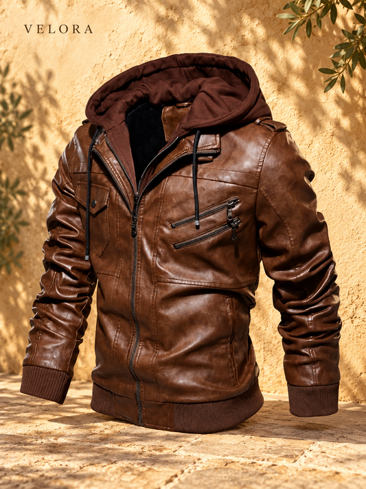 Men's hooded jacket against sunlit plaster backdrop
