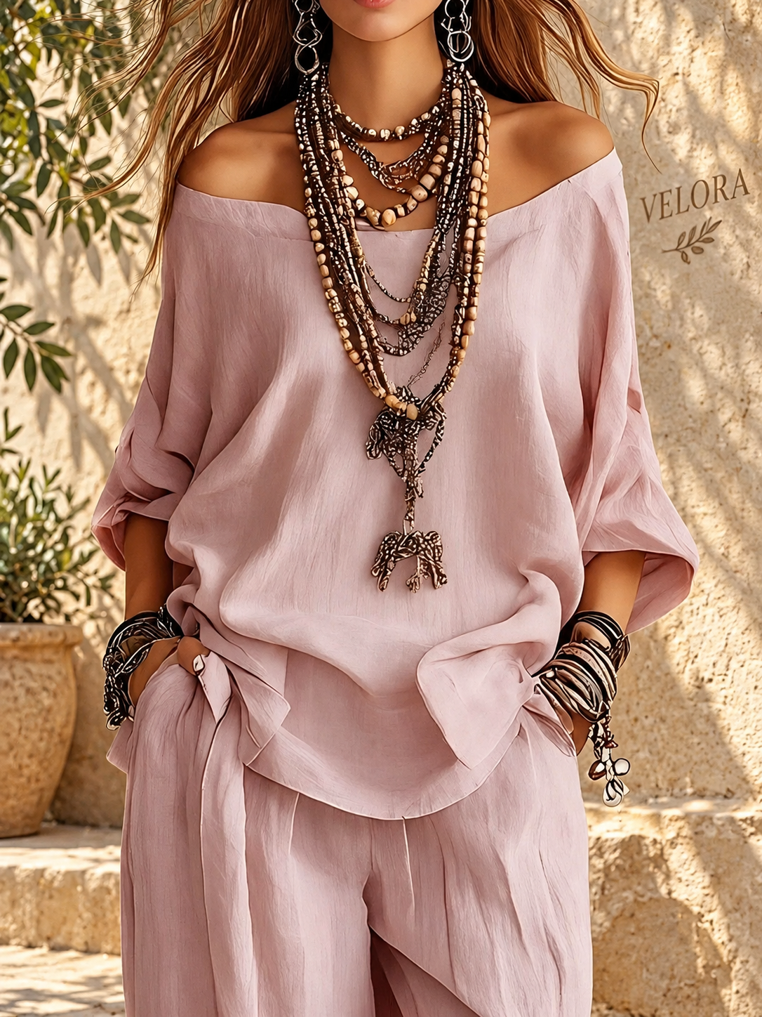 Off-Shoulder Two-Piece Lounge Set - VELORA Mediterranean view 02