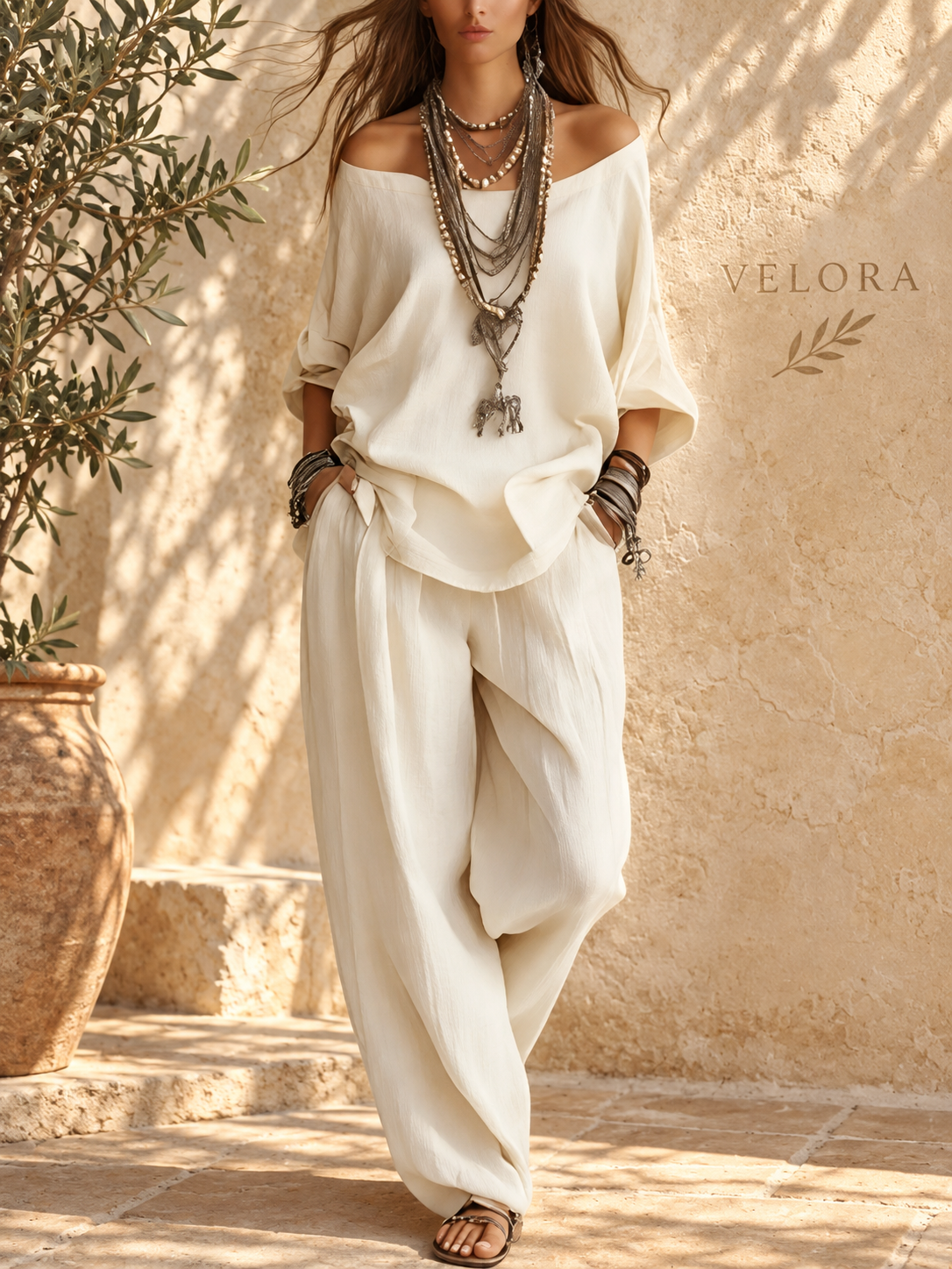 Off-Shoulder Two-Piece Lounge Set - VELORA Mediterranean view 04