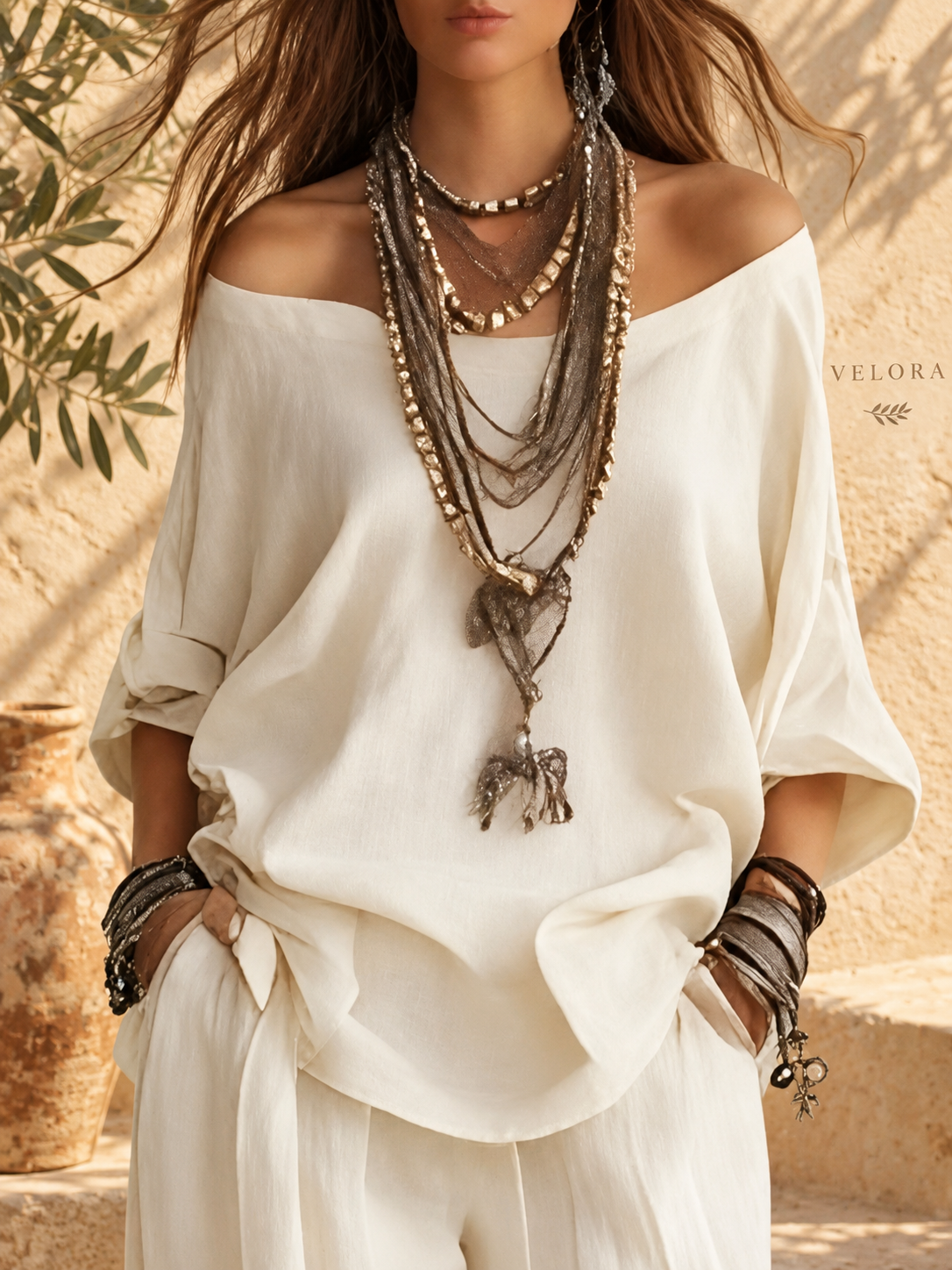 Off-Shoulder Two-Piece Lounge Set - VELORA Mediterranean view 05