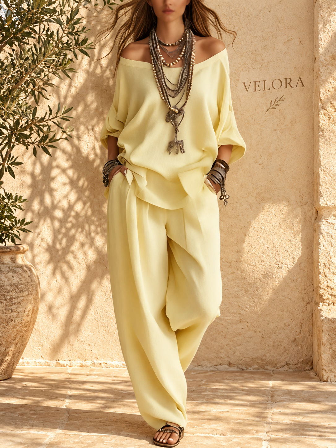 Off-Shoulder Two-Piece Lounge Set - VELORA Mediterranean view 07