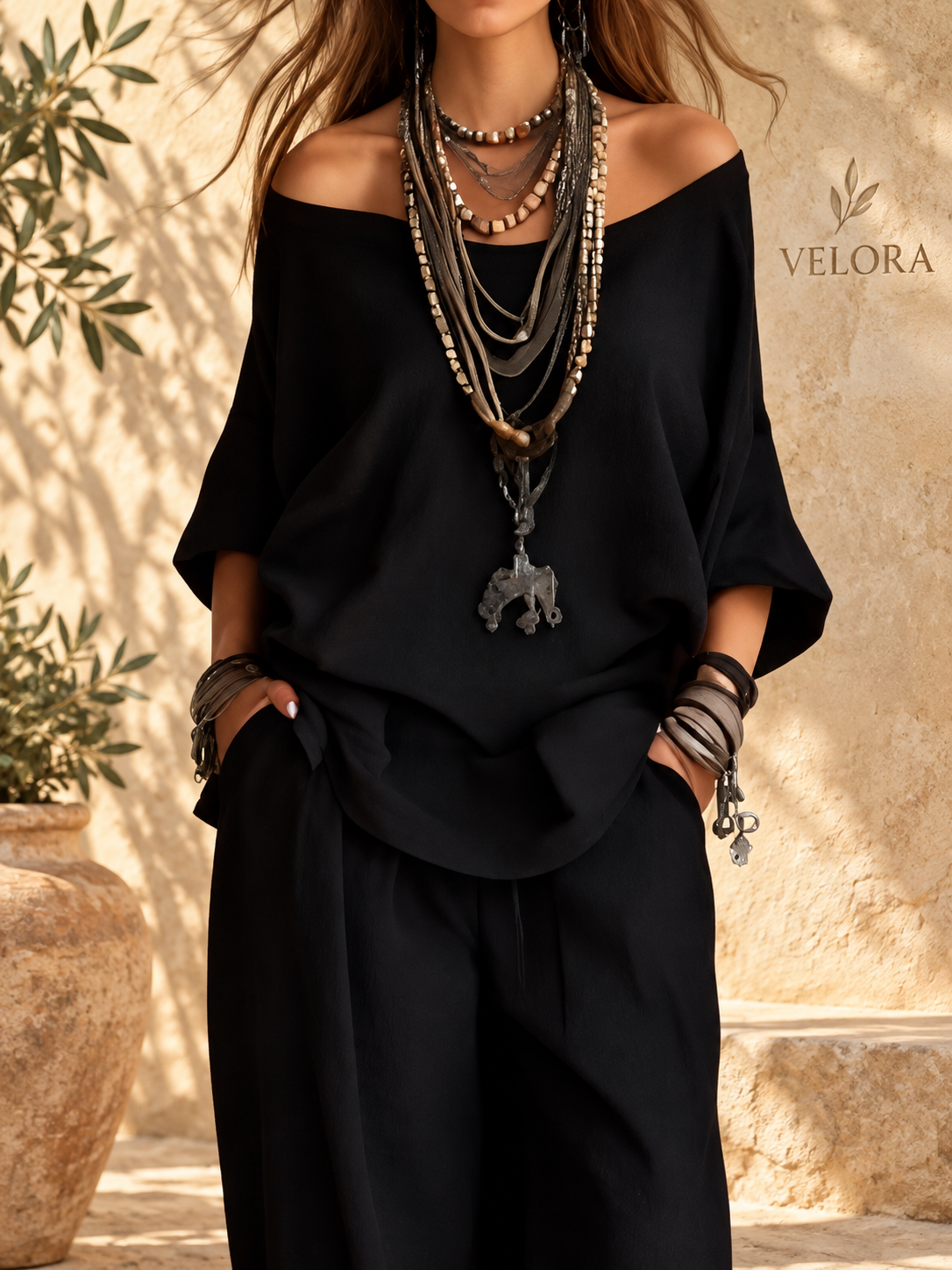Off-Shoulder Two-Piece Lounge Set - VELORA Mediterranean view 12