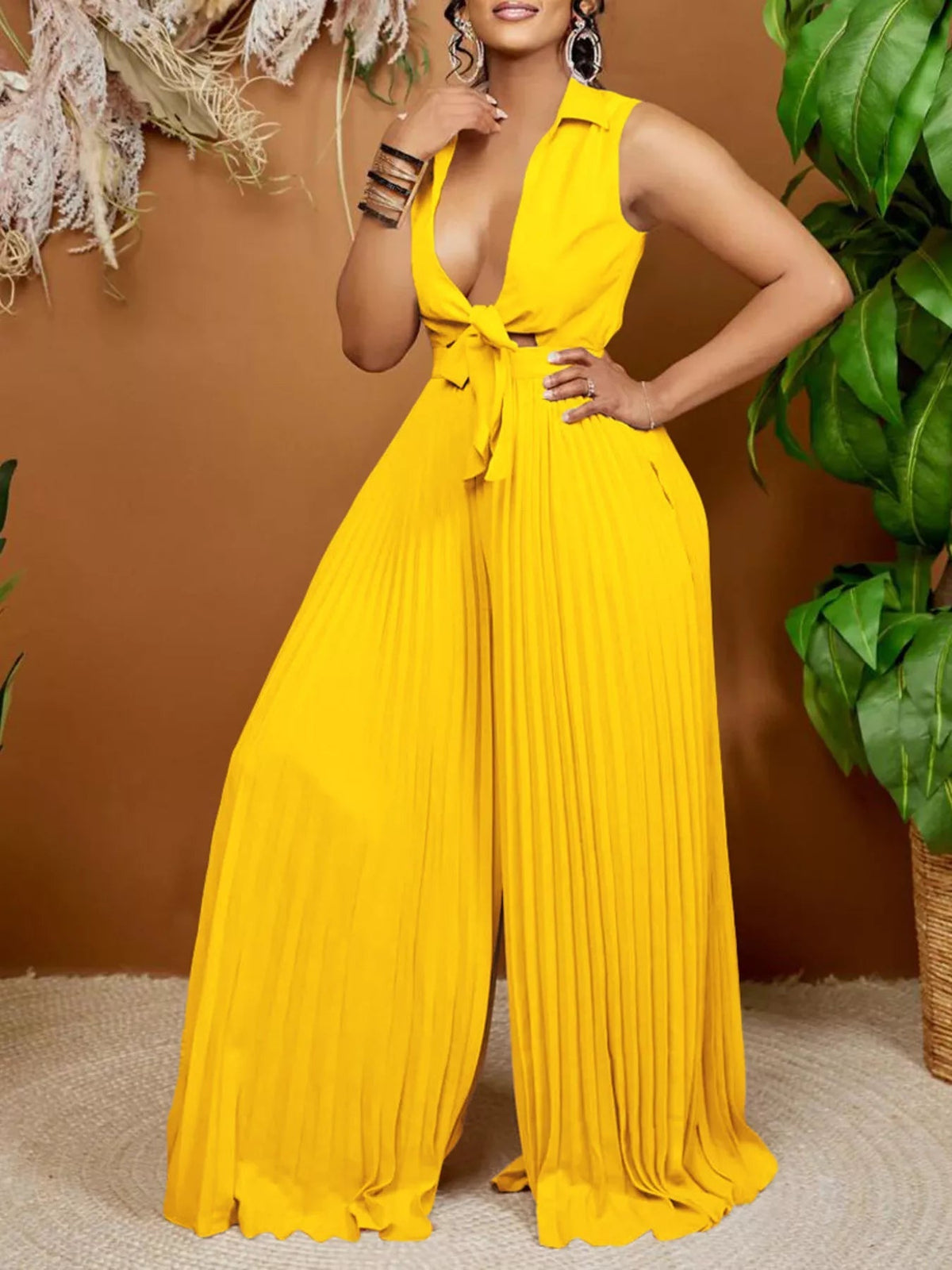 Pleated Tie-Front Wide Leg Jumpsuit view 2
