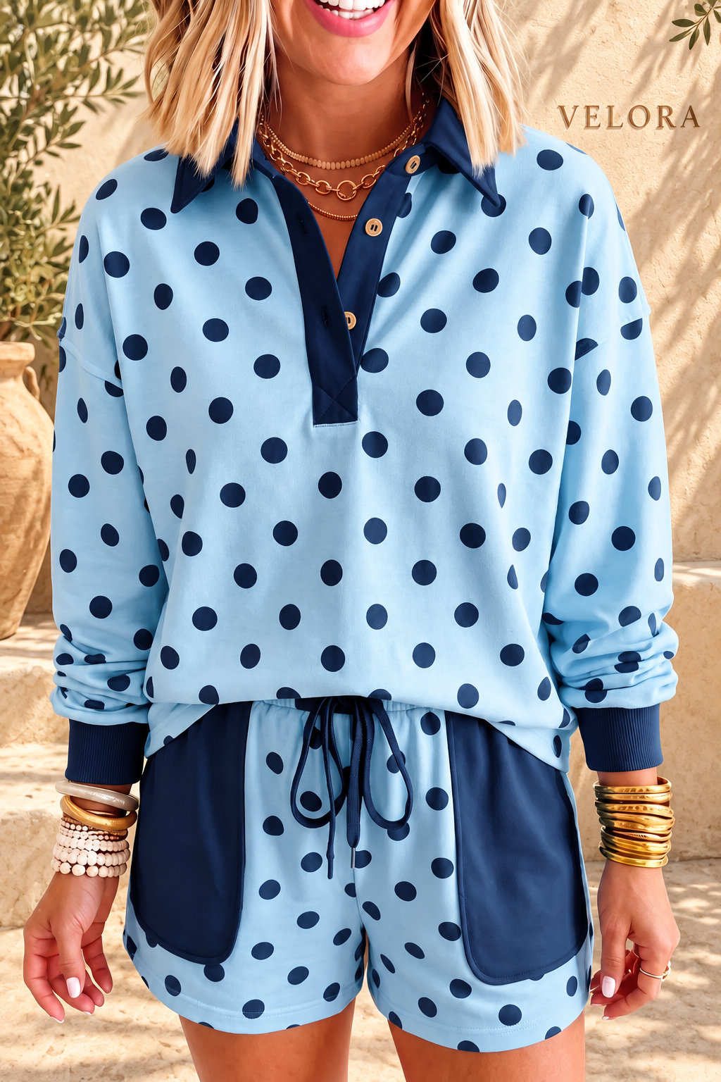 VELORA Polka Dot Polo & Shorts Set — Mediterranean view 5