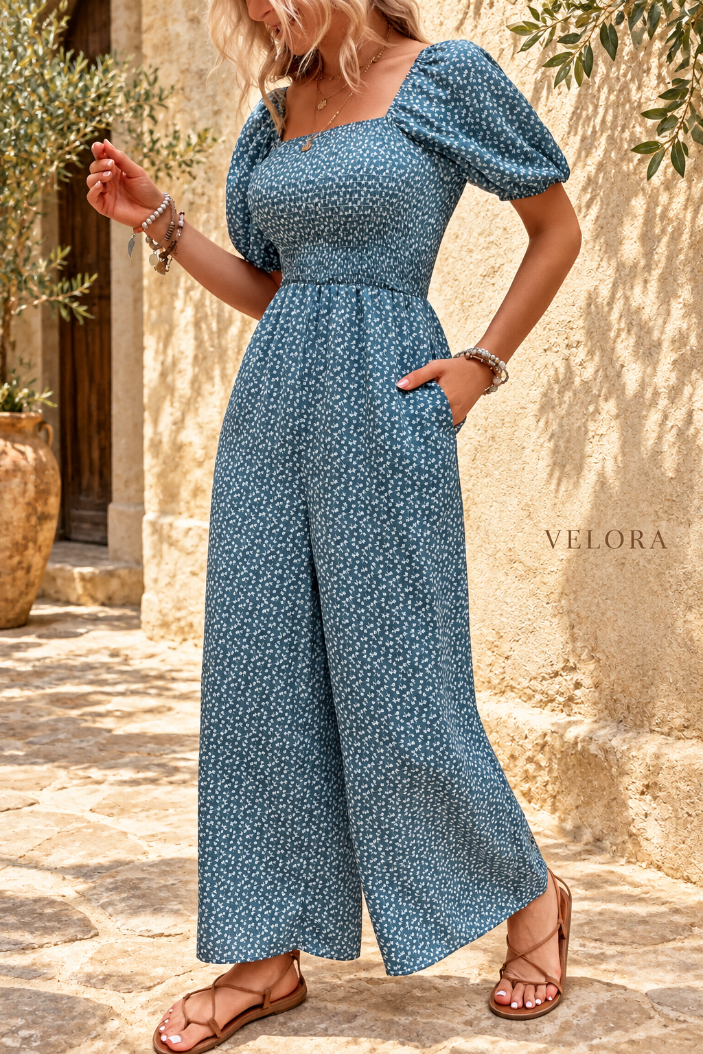 Printed Square Neck Jumpsuit – VELORA Mediterranean collection