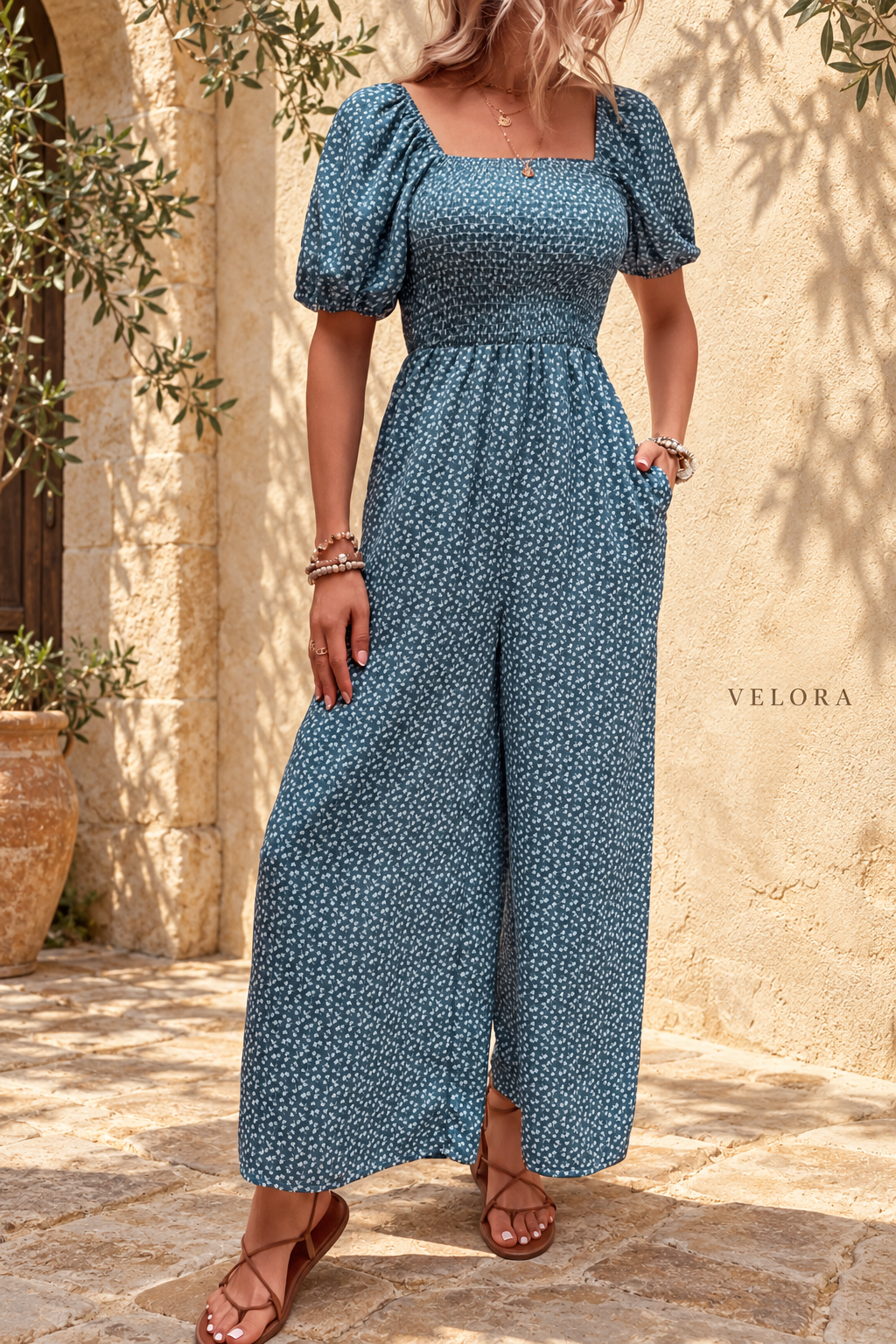 Printed Square Neck Jumpsuit – VELORA Mediterranean collection