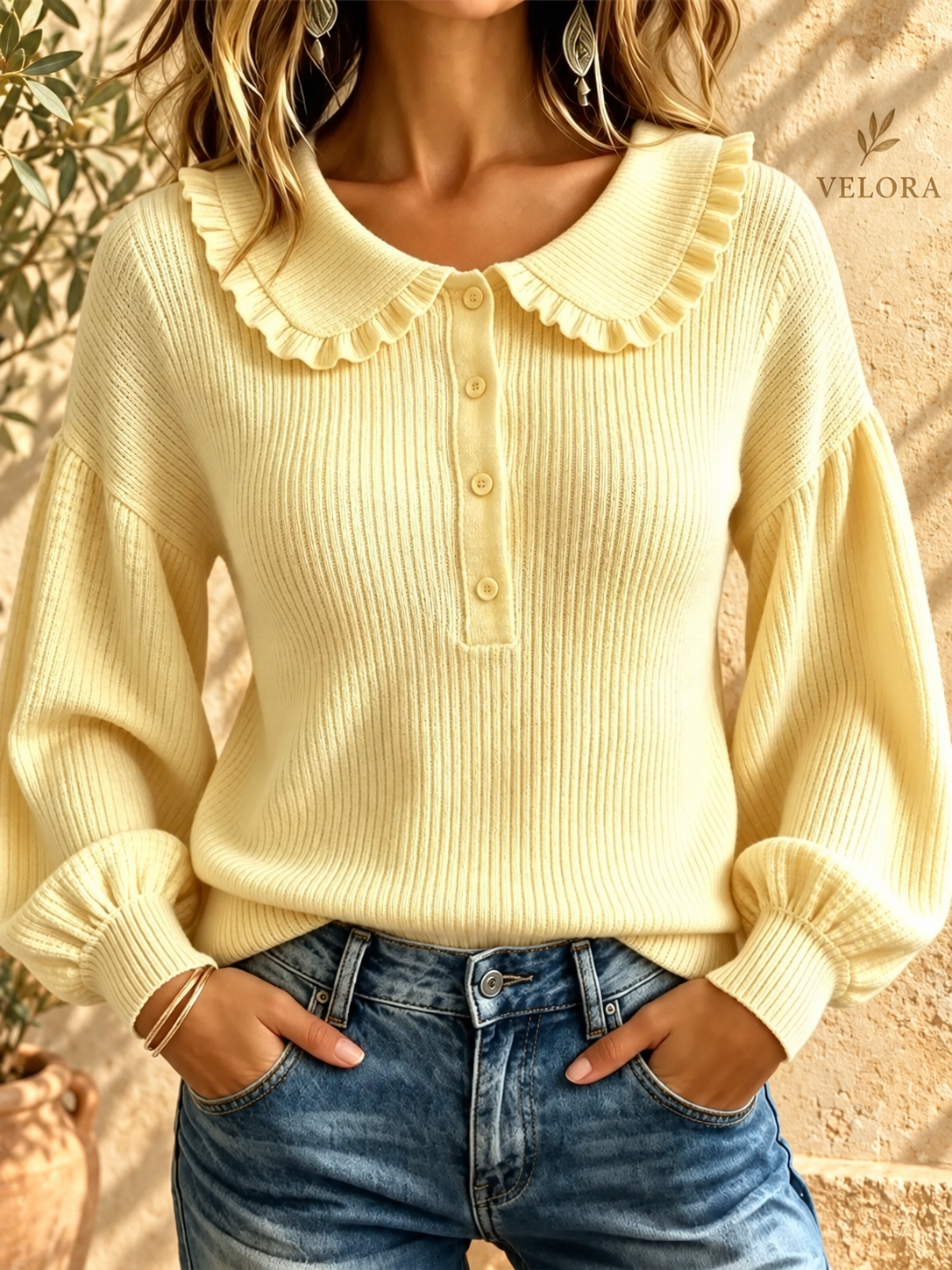 VELORA Ruffle Collar Button Sweater — Mediterranean view 4