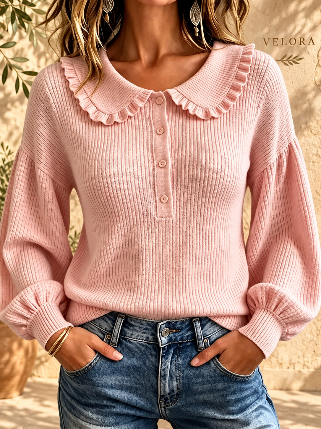 VELORA Ruffle Collar Button Sweater — Mediterranean view 7
