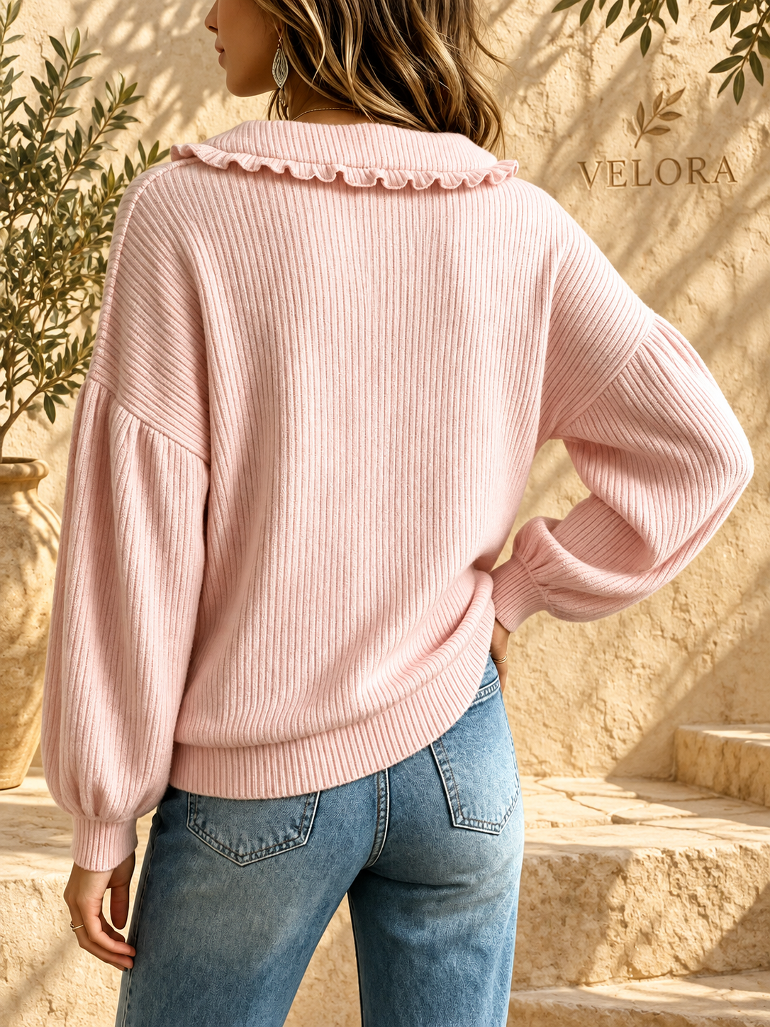 VELORA Ruffle Collar Button Sweater — Mediterranean view 9