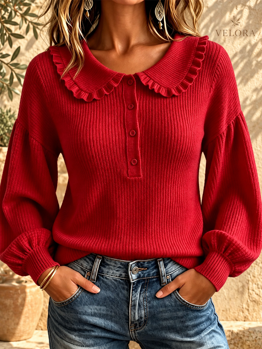 VELORA Ruffle Collar Button Sweater — Mediterranean view 10