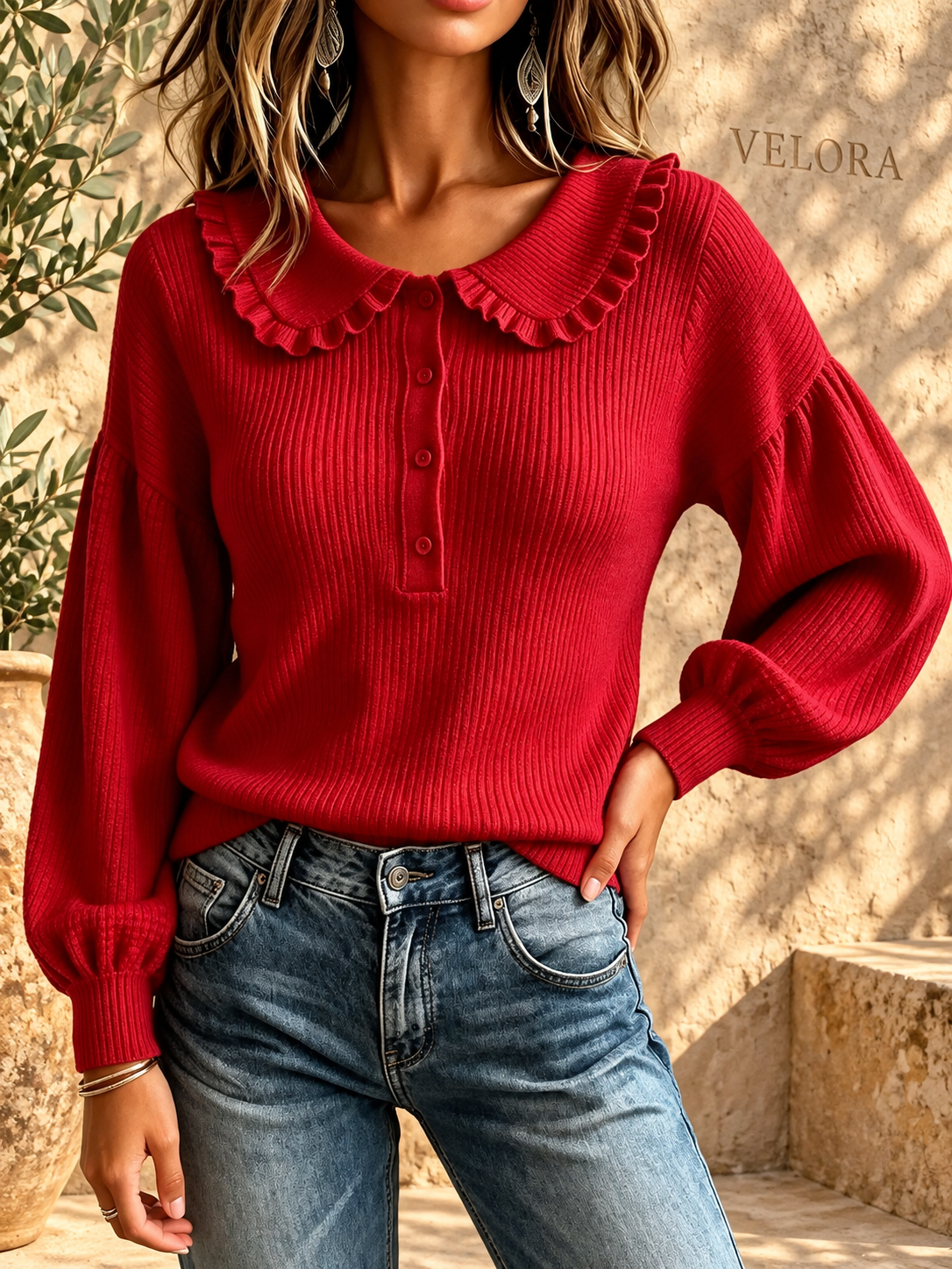 VELORA Ruffle Collar Button Sweater — Mediterranean view 11