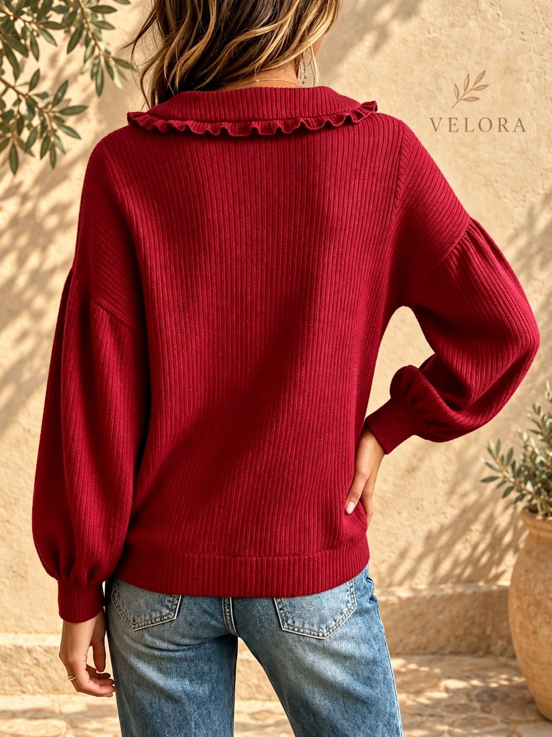 VELORA Ruffle Collar Button Sweater — Mediterranean view 12