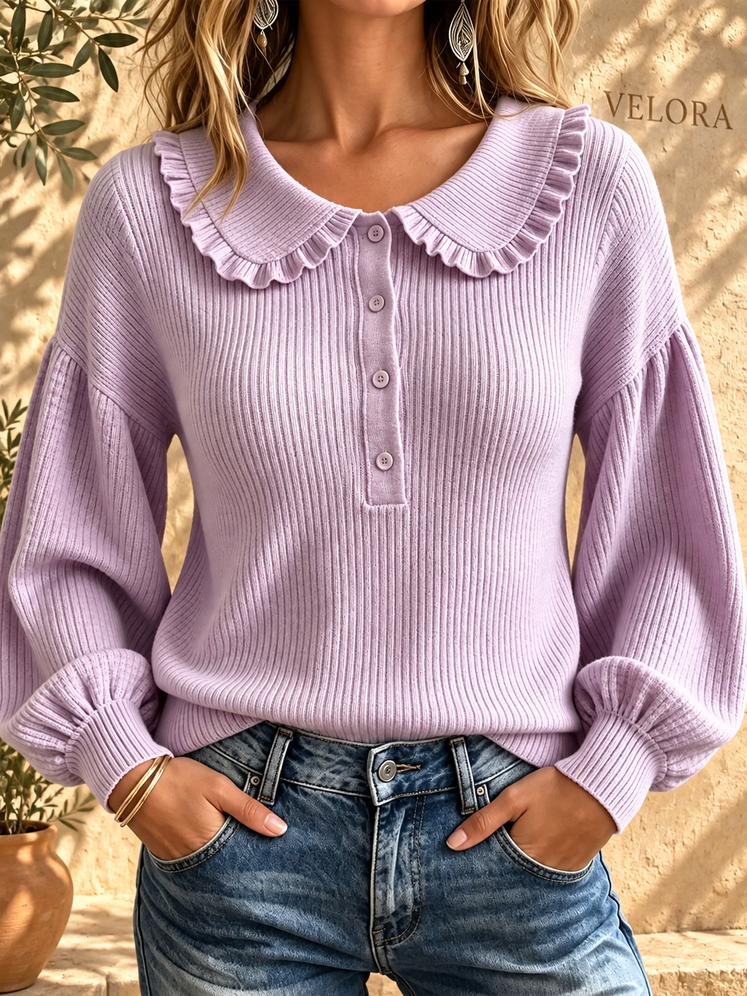 VELORA Ruffle Collar Button Sweater — Mediterranean view 13