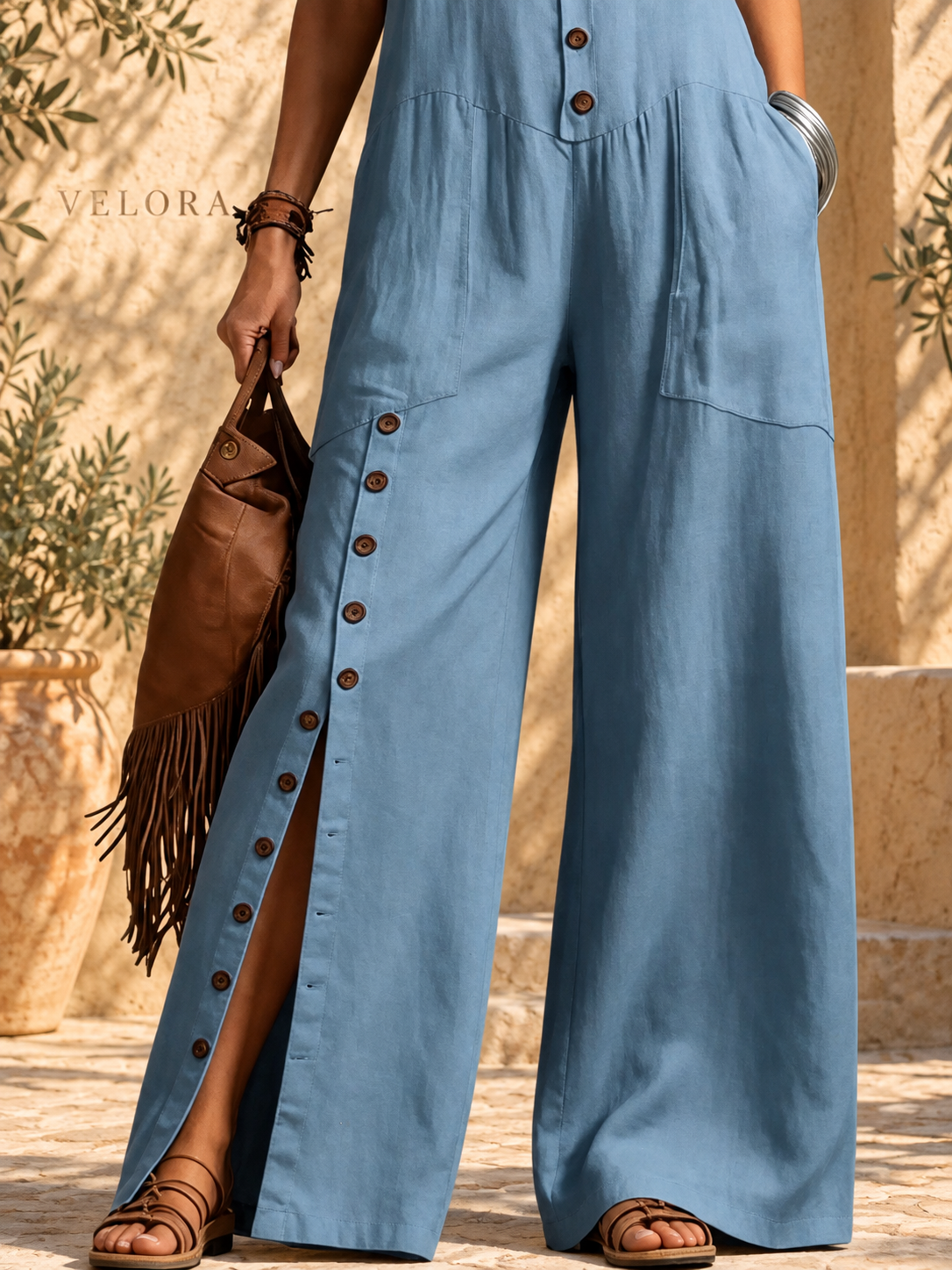 Sleeveless Button-Front Wide Leg Jumpsuit - VELORA Mediterranean view 4