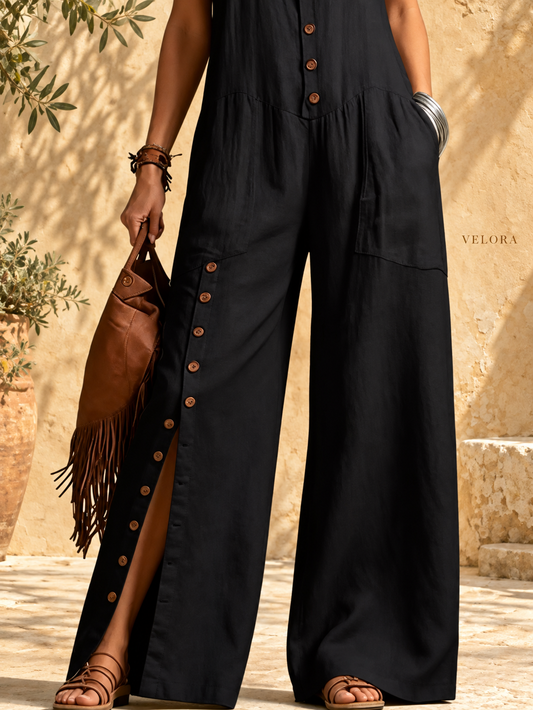 Sleeveless Button-Front Wide Leg Jumpsuit - VELORA Mediterranean view 6