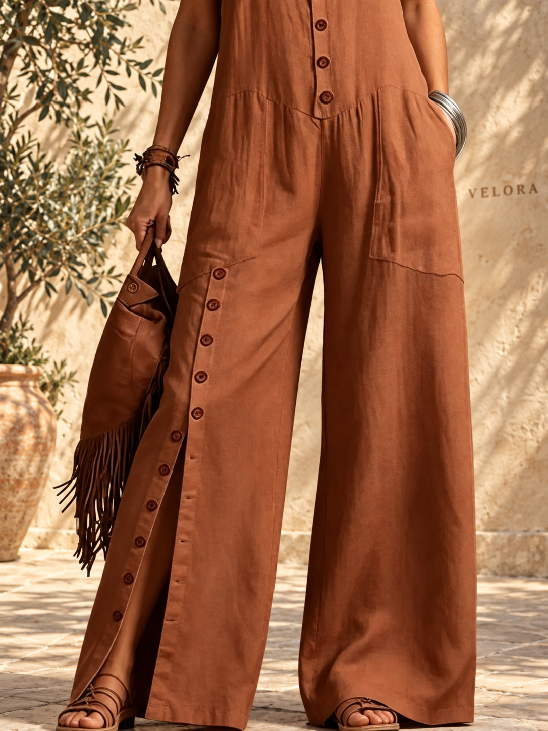 Sleeveless Button-Front Wide Leg Jumpsuit - VELORA Mediterranean view 8