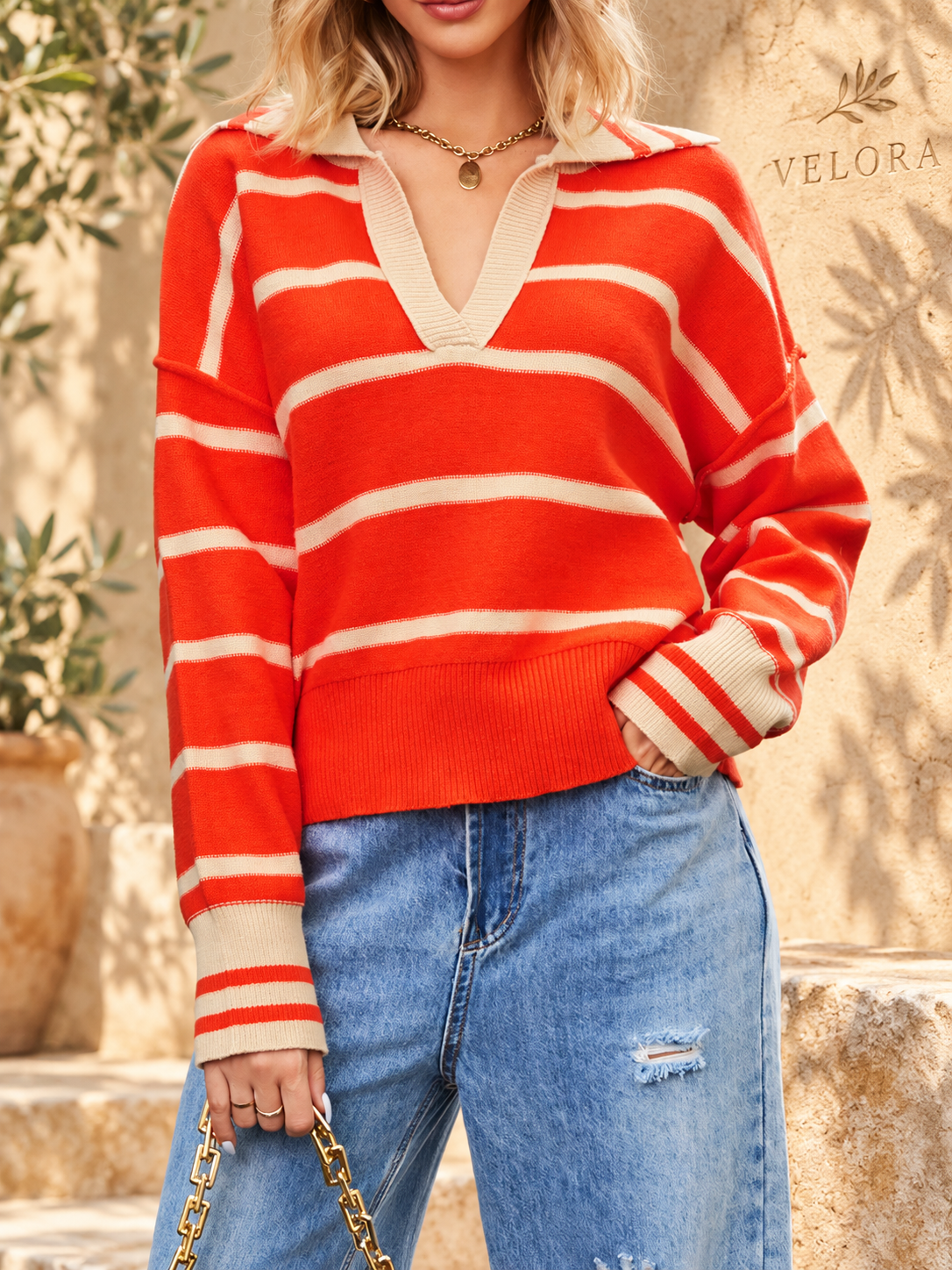VELORA Striped Johnny Collar Sweater — Mediterranean view 1