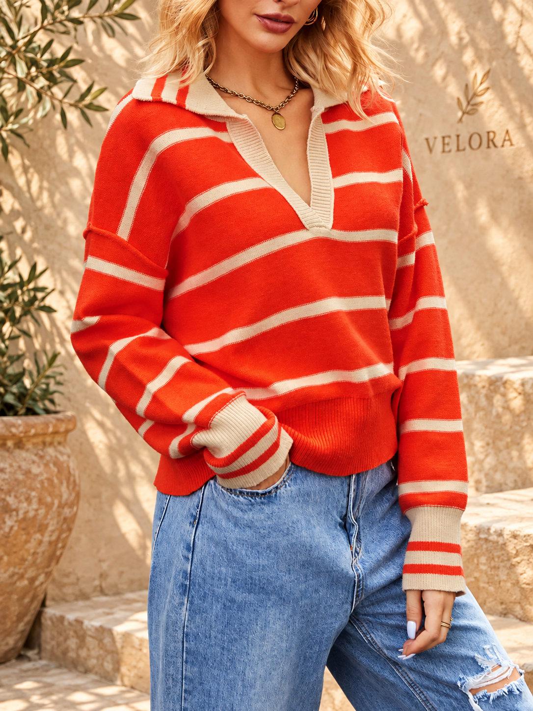 VELORA Striped Johnny Collar Sweater — Mediterranean view 3