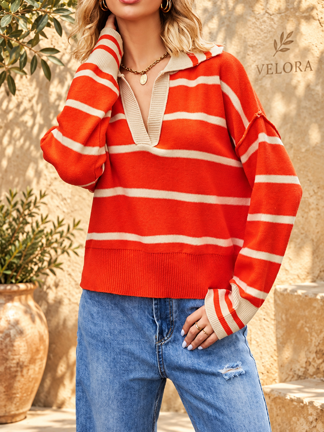 VELORA Striped Johnny Collar Sweater — Mediterranean view 4