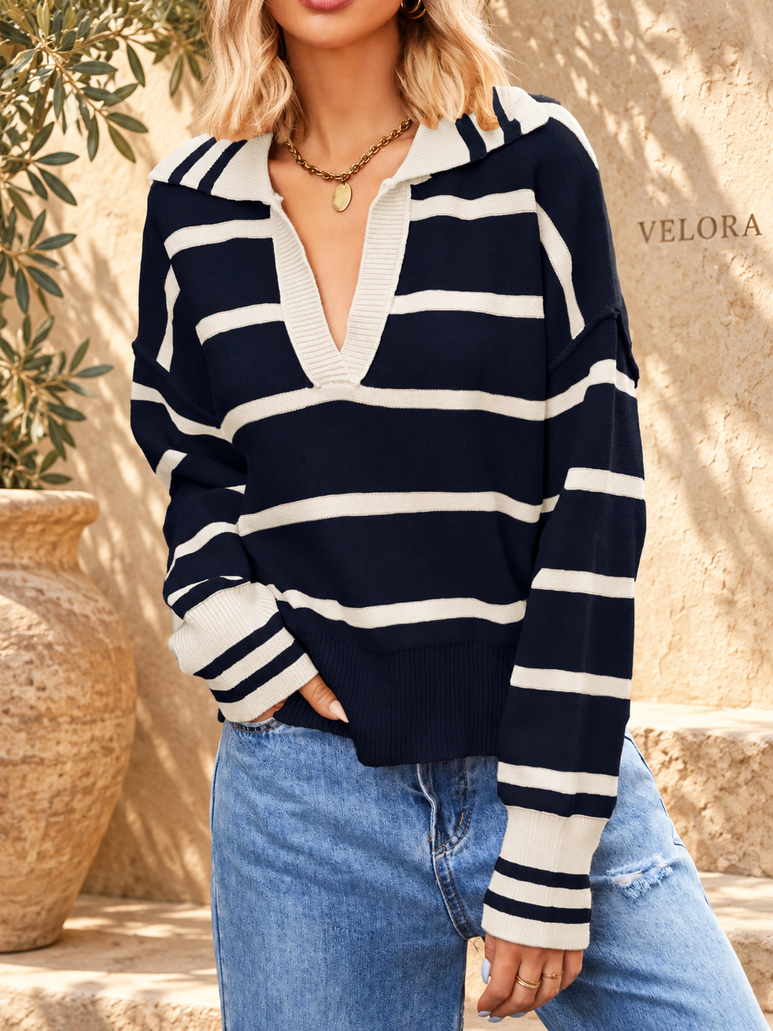 VELORA Striped Johnny Collar Sweater — Mediterranean view 5
