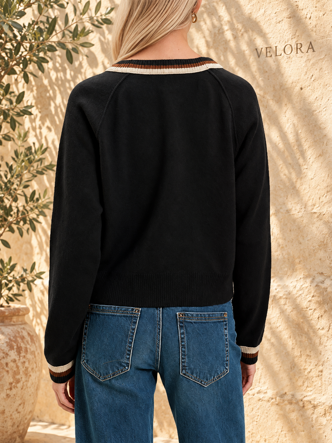 VELORA Striped-Trim Button Cardigan — Mediterranean view 8