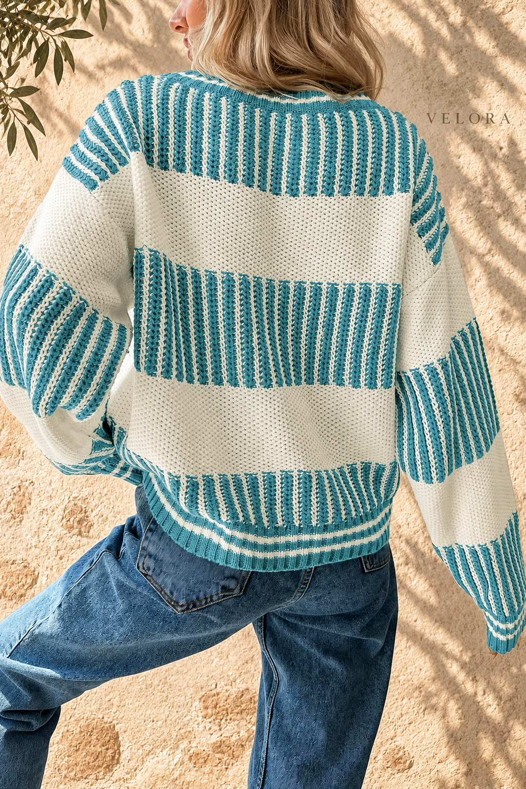 Two-Tone Striped Drop Shoulder Sweater turquoise and cream back view, VELORA Mediterranean setting