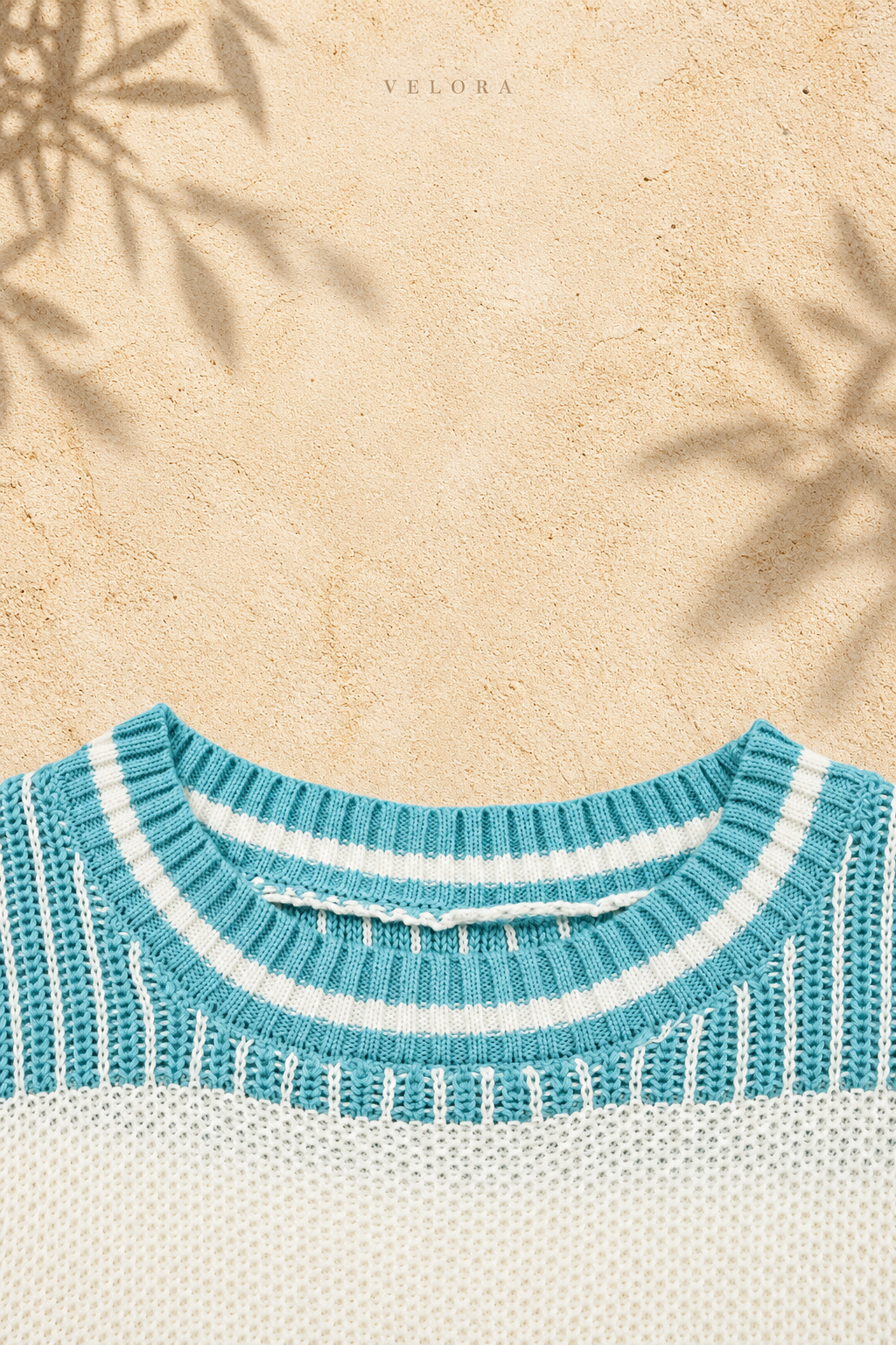 Two-Tone Striped Drop Shoulder Sweater turquoise neckline detail, VELORA Mediterranean setting